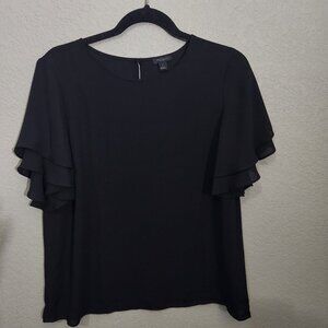 Ann Taylor Factory Black Ruffle Sleeve Blouse Womens M Polyester Elegant Lightwe
